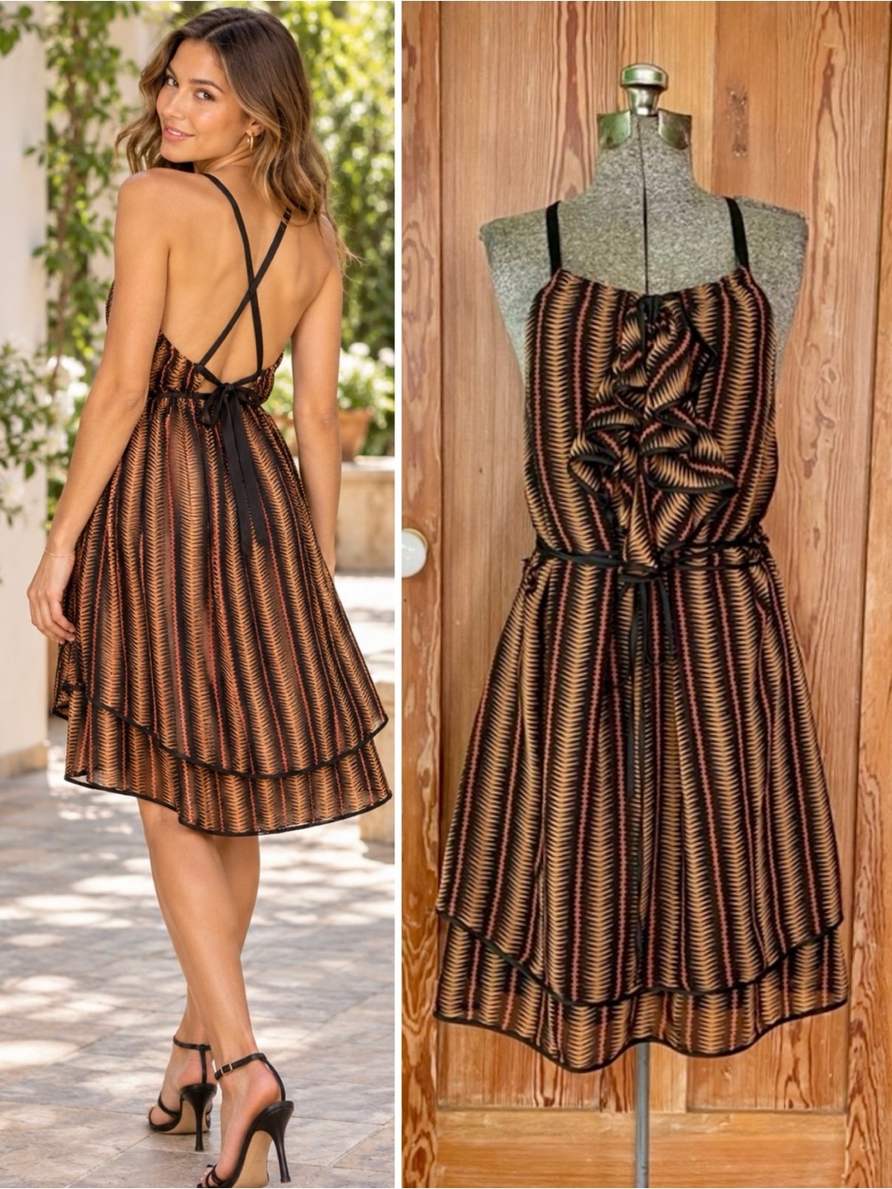 BCBG Generation Brown Black Striped Ruffle Dress Crisscross Open Back Sz L💛🎀